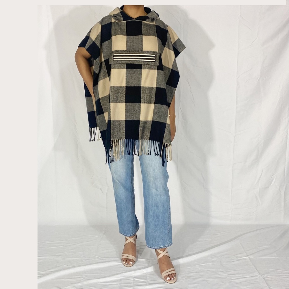 Akira Flannel Poncho; Multi-Colored Brown With Detachable Belt